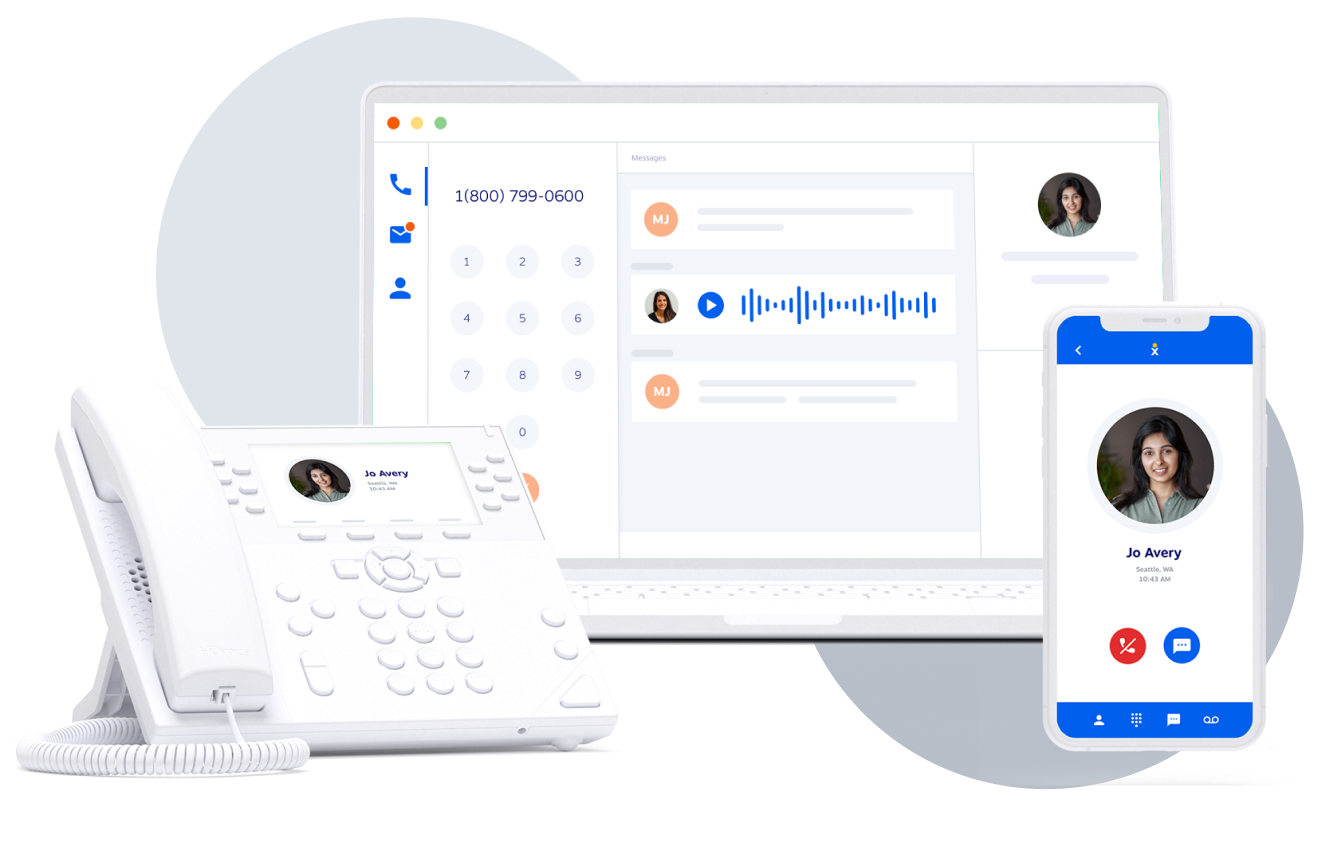 Nextiva Cloud Call Center on a laptop, mobile, and desk phone