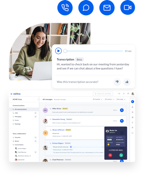 A photo of a woman working on her laptop with screenshots of the Nextiva Connect Software overlaid with conversations between customers and teams on the screen