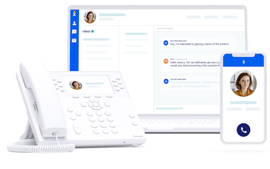 Nextiva phone system on a laptop, desk phone, and mobile app screen